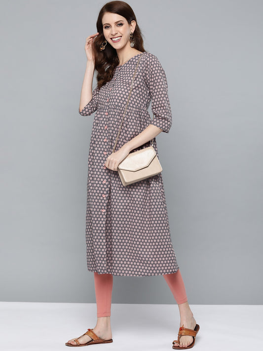 HERE&NOW Women Grey & Pink Floral Print Empire A-Line Kurta