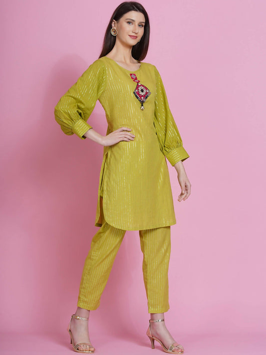 Women Republic Green Lurex Cotton Hand Embroidered Kurta With Pants - Grab2buy