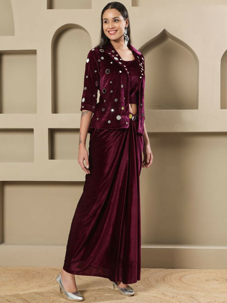 Joban Fashion Women Wine Velvet Hand Embellishment Stitched Dress