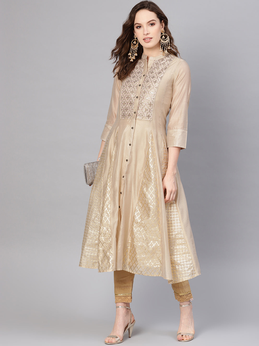 Juniper Womens Beige Chanderi Sequin Embroidered Kalidar Kurta Dress