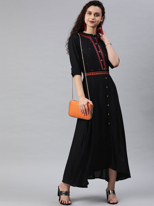 Juniper Women's Black Rayon Embellished Flared Dress