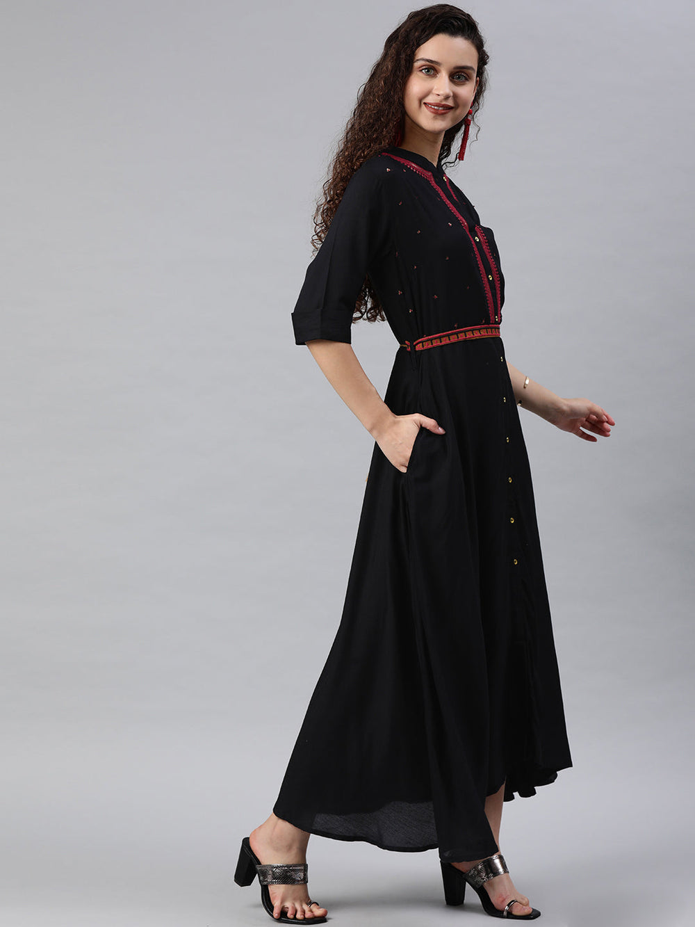 Juniper Women's Black Rayon Embellished Flared Dress