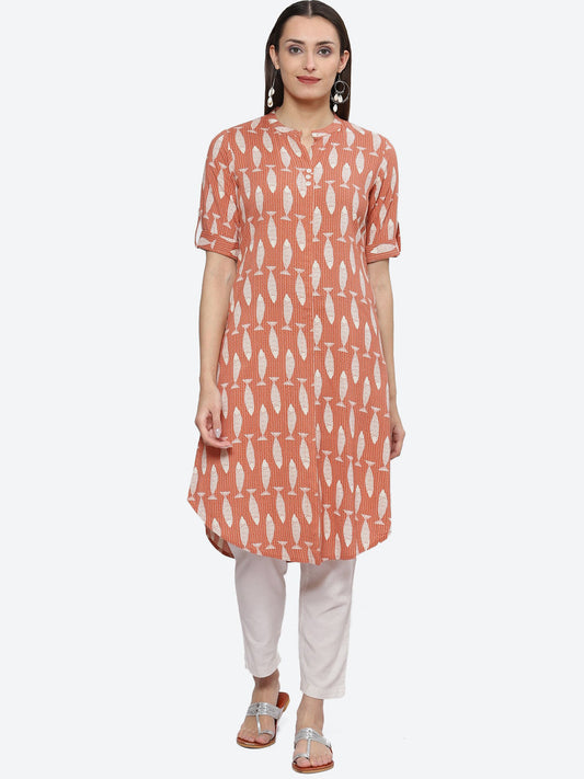 Biba Mandarin Collar Ethnic Motifs Printed A-Line Kurta - Grab2buy