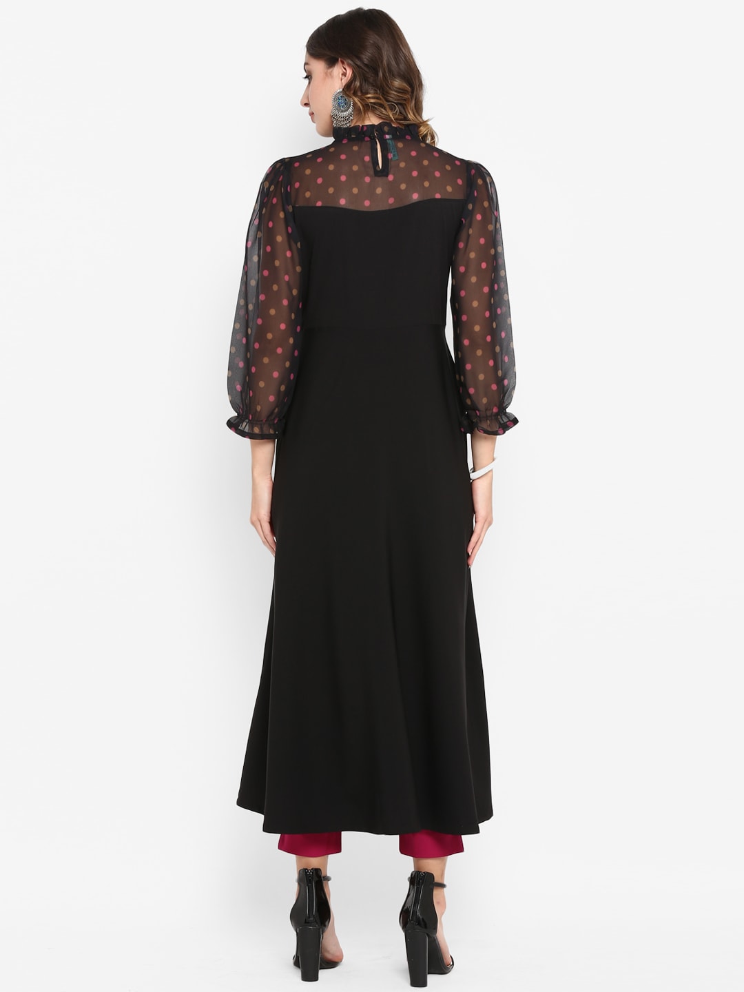 Janasya Women Black & Pink Printed A-Line Kurta