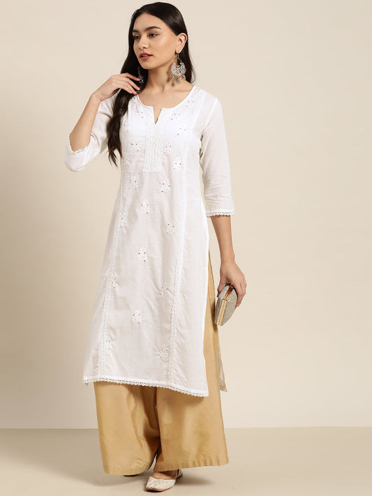 Juniper Women White Cotton Voile Embroidered Straight Kurta 