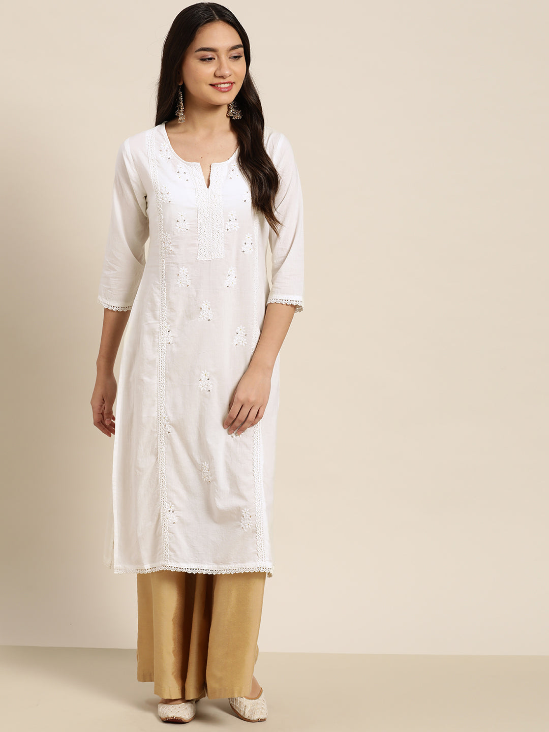 Juniper Women White Cotton Voile Embroidered Straight Kurta | Grab2Buy