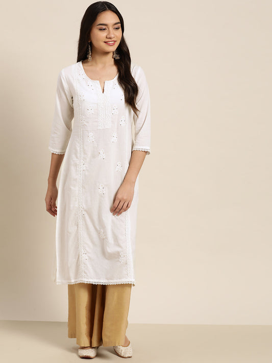 Juniper Women White Cotton Voile Embroidered Straight Kurta | Grab2Buy