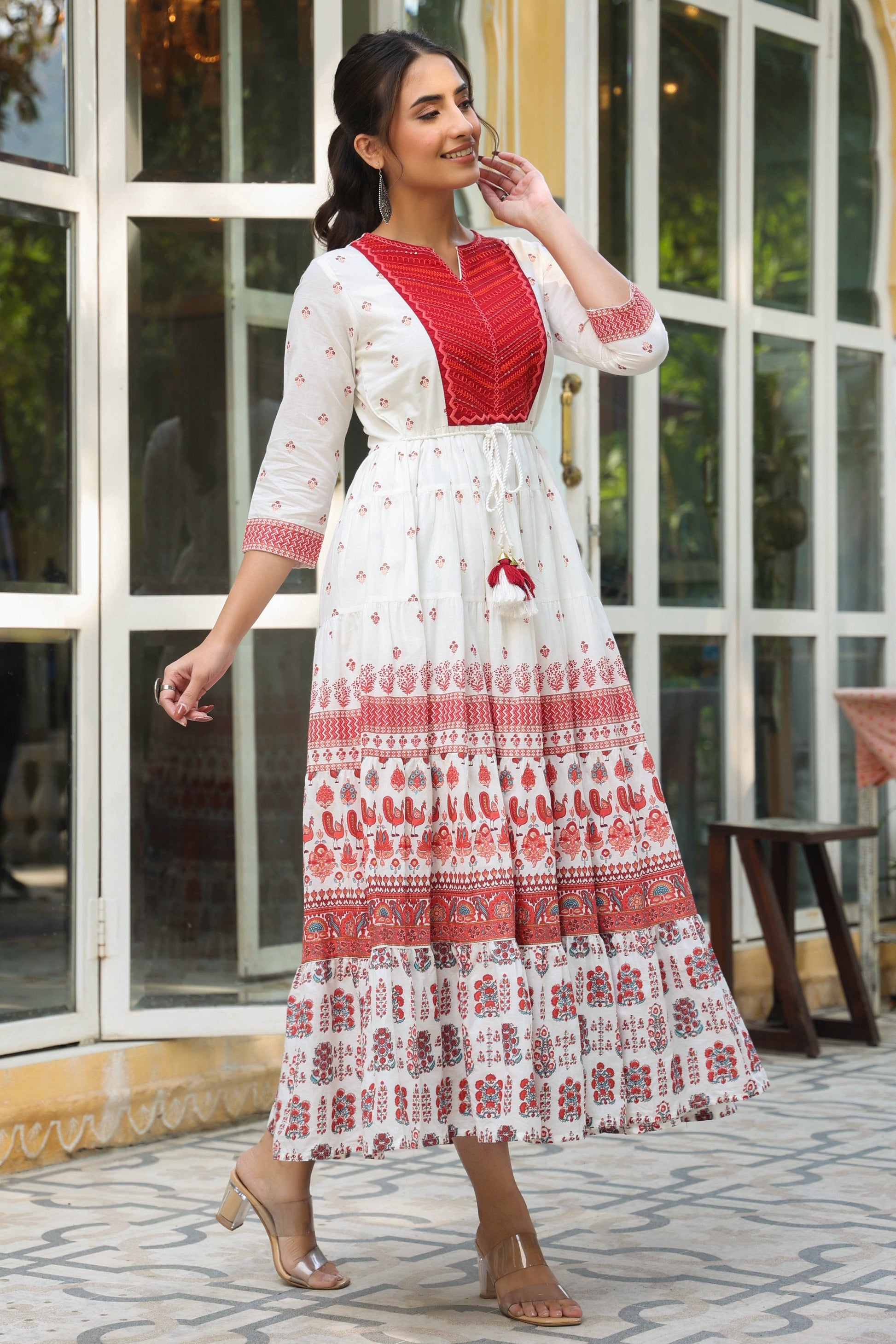 Juniper Maroon Ethnic Motif Printed Pure Cotton Tiered Maxi Dress With Sequins & Thread Work Embroidery