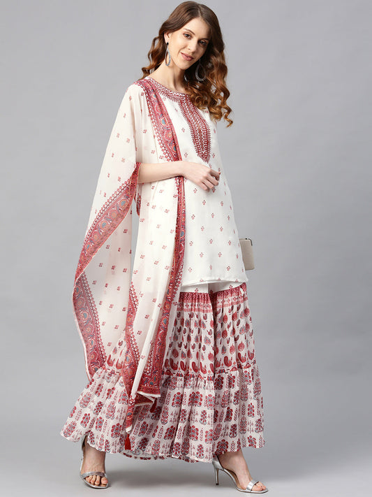 Juniper Womens Maroon Embroidered And Printed Kurta Sharara Dupatta Set - Grab2buy