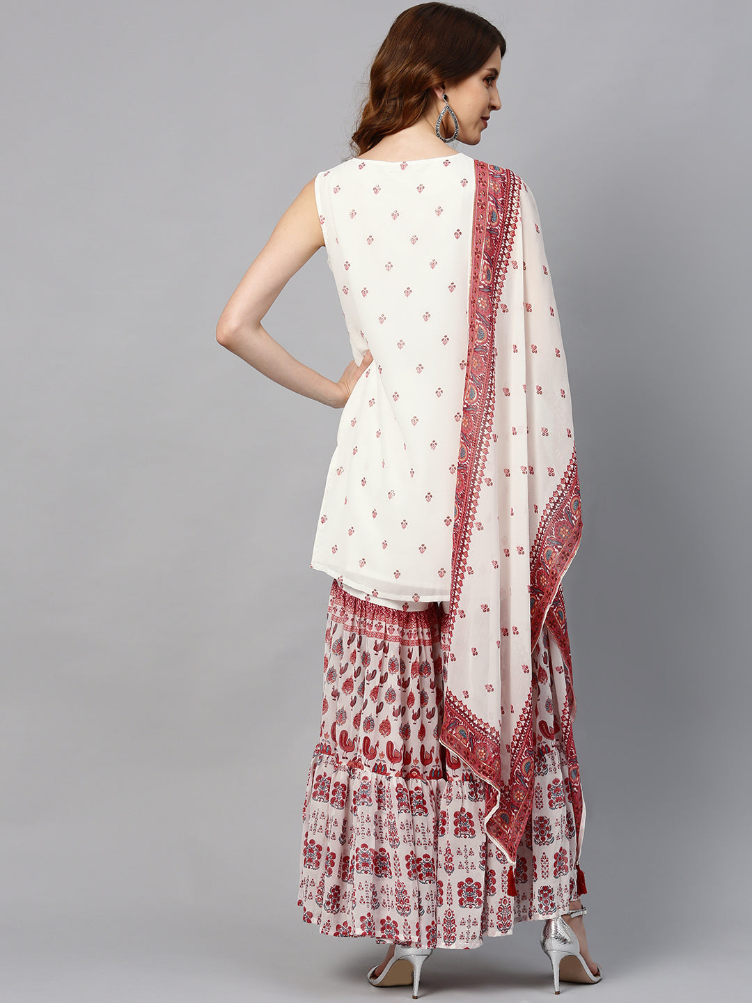 Juniper Womens Maroon Embroidered And Printed Kurta Sharara Dupatta Set - Grab2buy