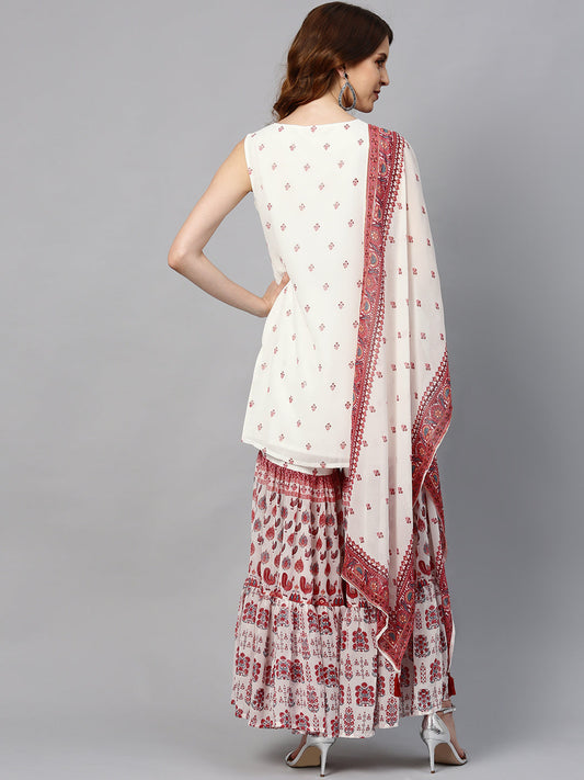 Juniper Womens Maroon Embroidered And Printed Kurta Sharara Dupatta Set - Grab2buy