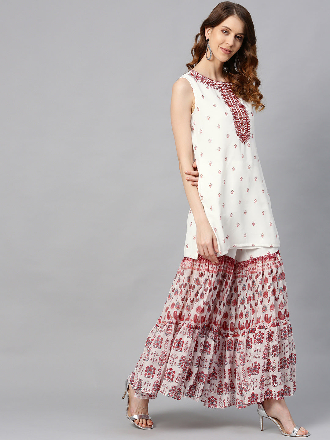 Juniper Womens Maroon Embroidered And Printed Kurta Sharara Dupatta Set - Grab2buy
