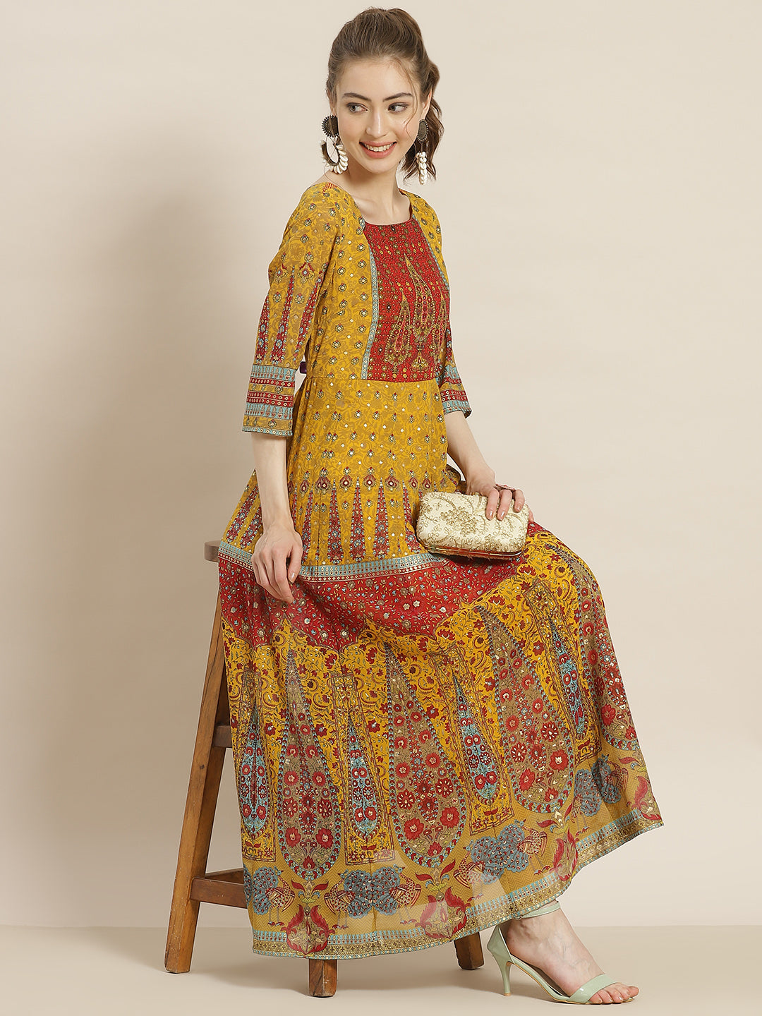 Juniper Women Mustard Georgette Printed Anarkali Dress