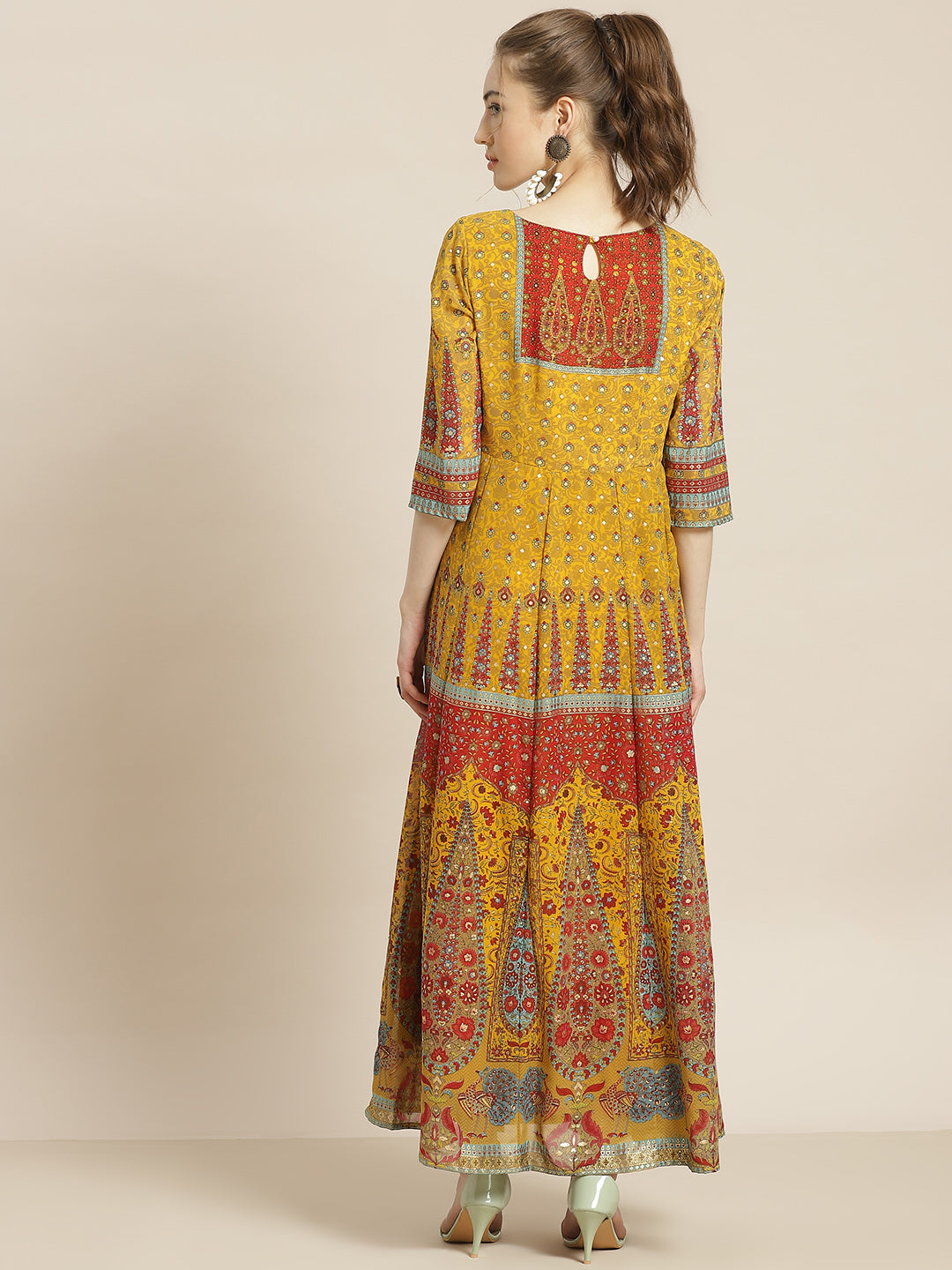 Juniper Women Mustard Georgette Printed Anarkali Dress
