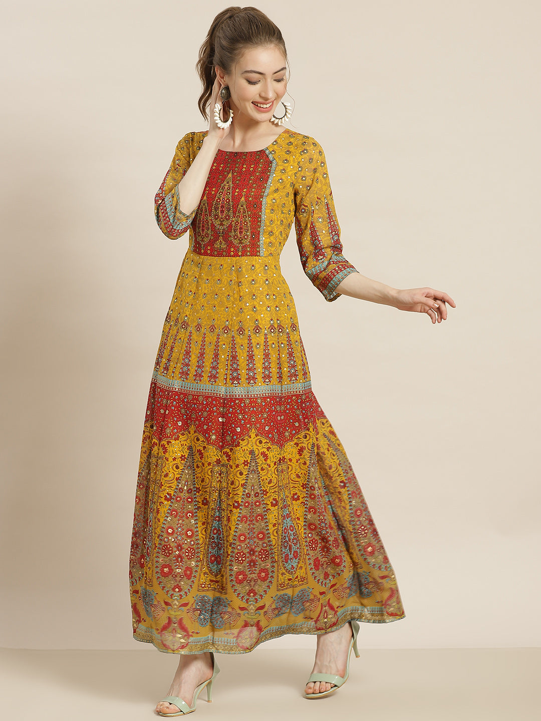 Juniper Women Mustard Georgette Printed Anarkali Dress
