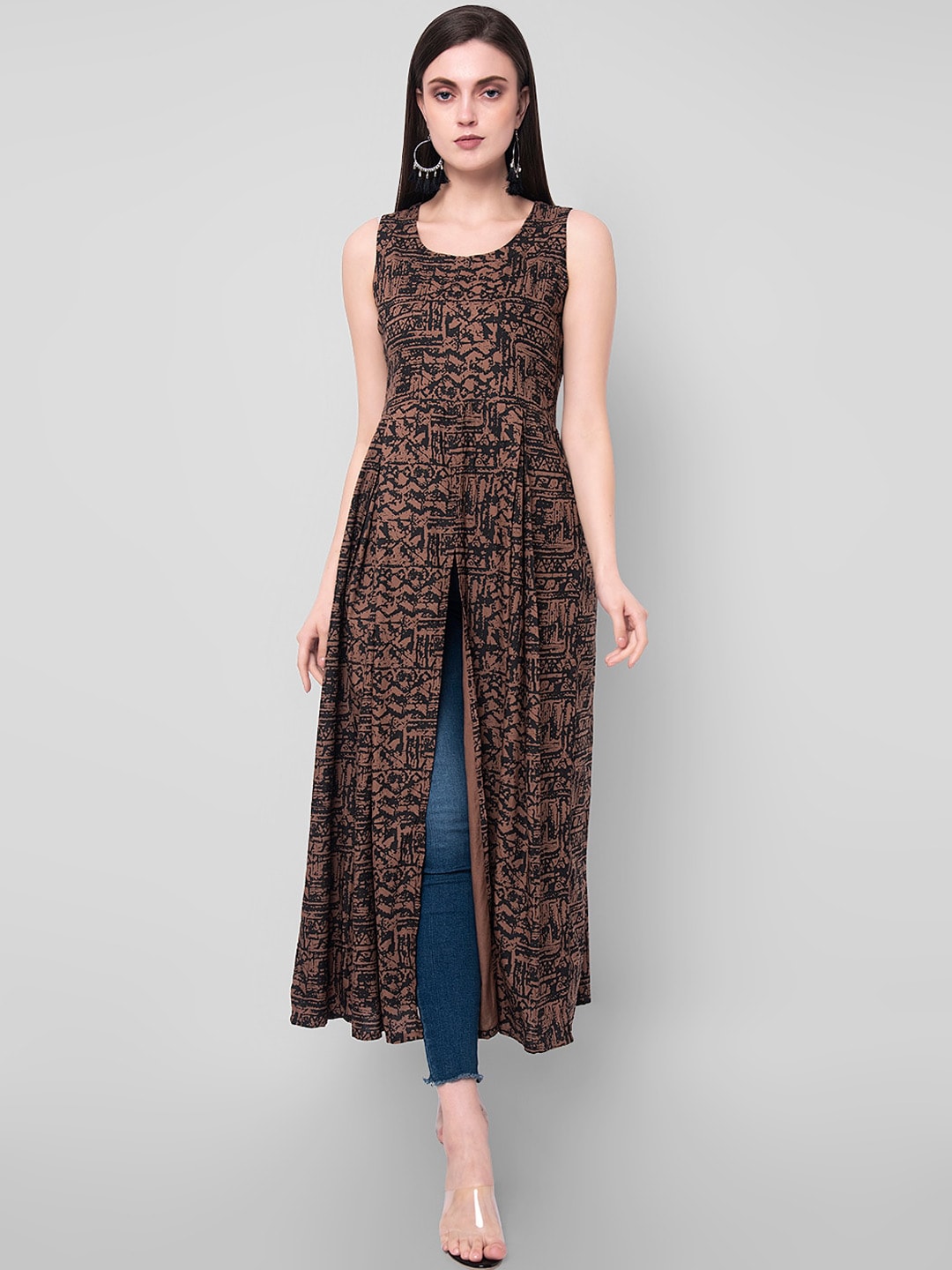 Kalini Women Brown & Black Abstract Print A-Line Kurta 