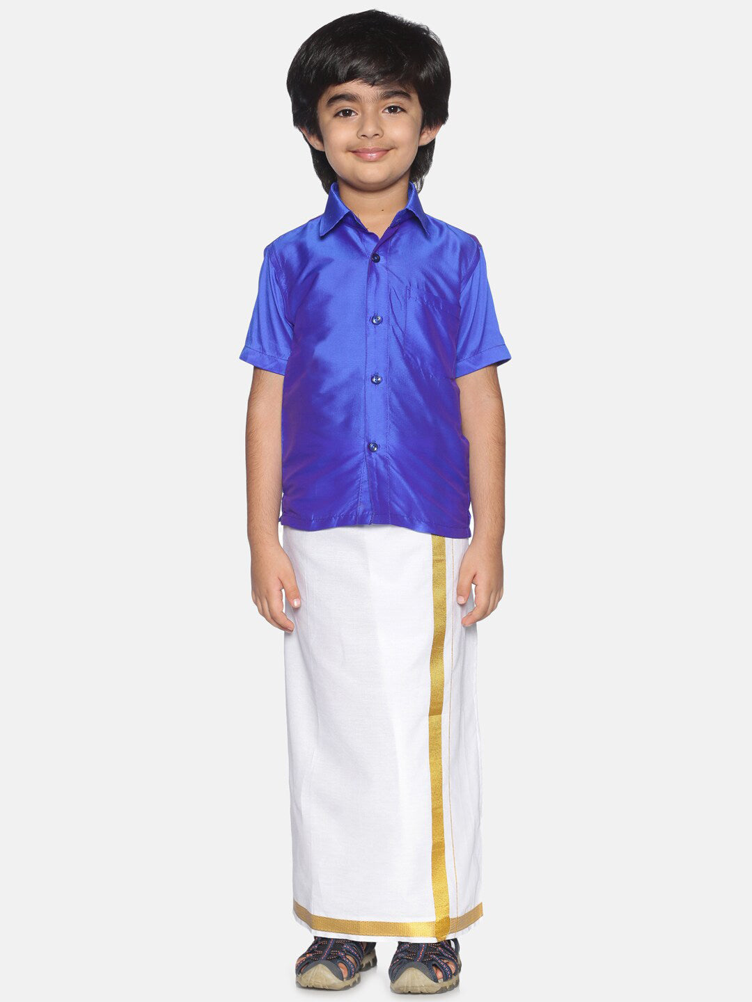 Sethukrishna Boys Blue & White Solid Shirt with Veshti Set