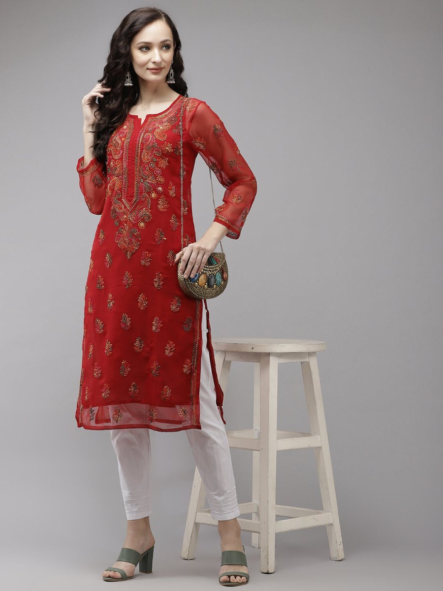 ADA Women Red Embroidered Regular Chikankari Kurta with Trousers 