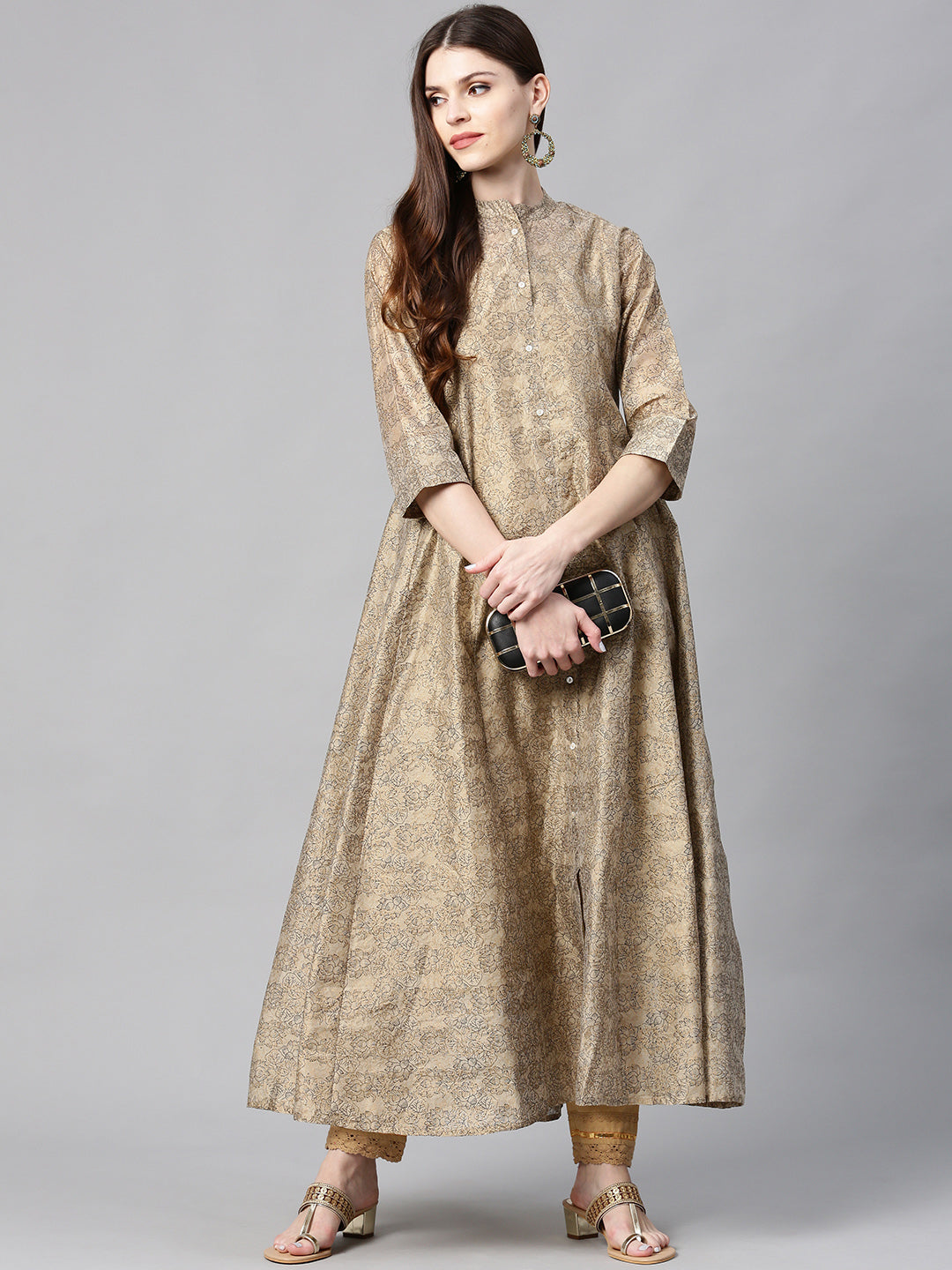 Juniper Women Beige Chanderi Silk Printed Anarkali Kurta