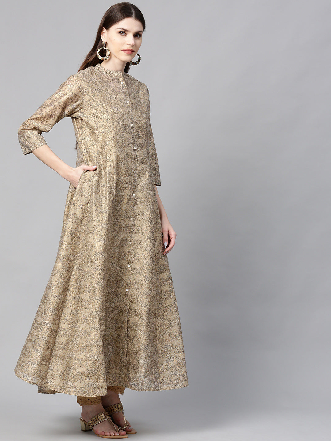Juniper Women Beige Chanderi Silk Printed Anarkali Kurta