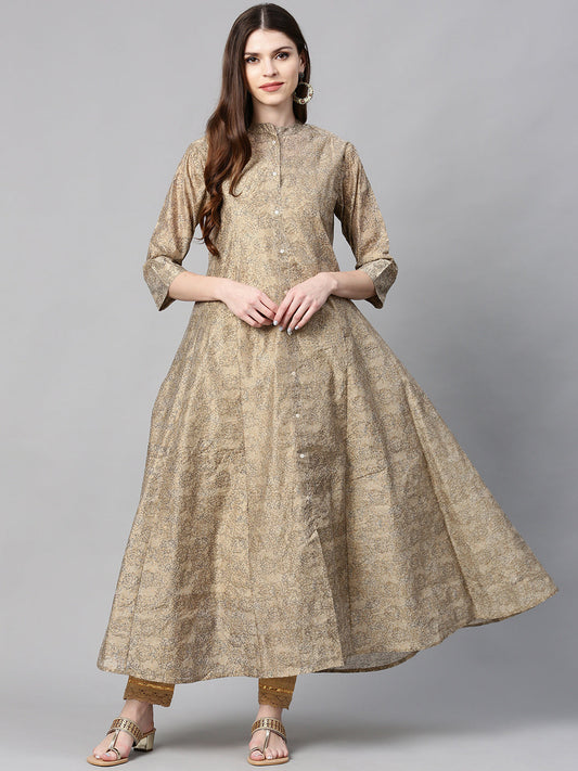 Juniper Women Beige Chanderi Silk Printed Anarkali Kurta