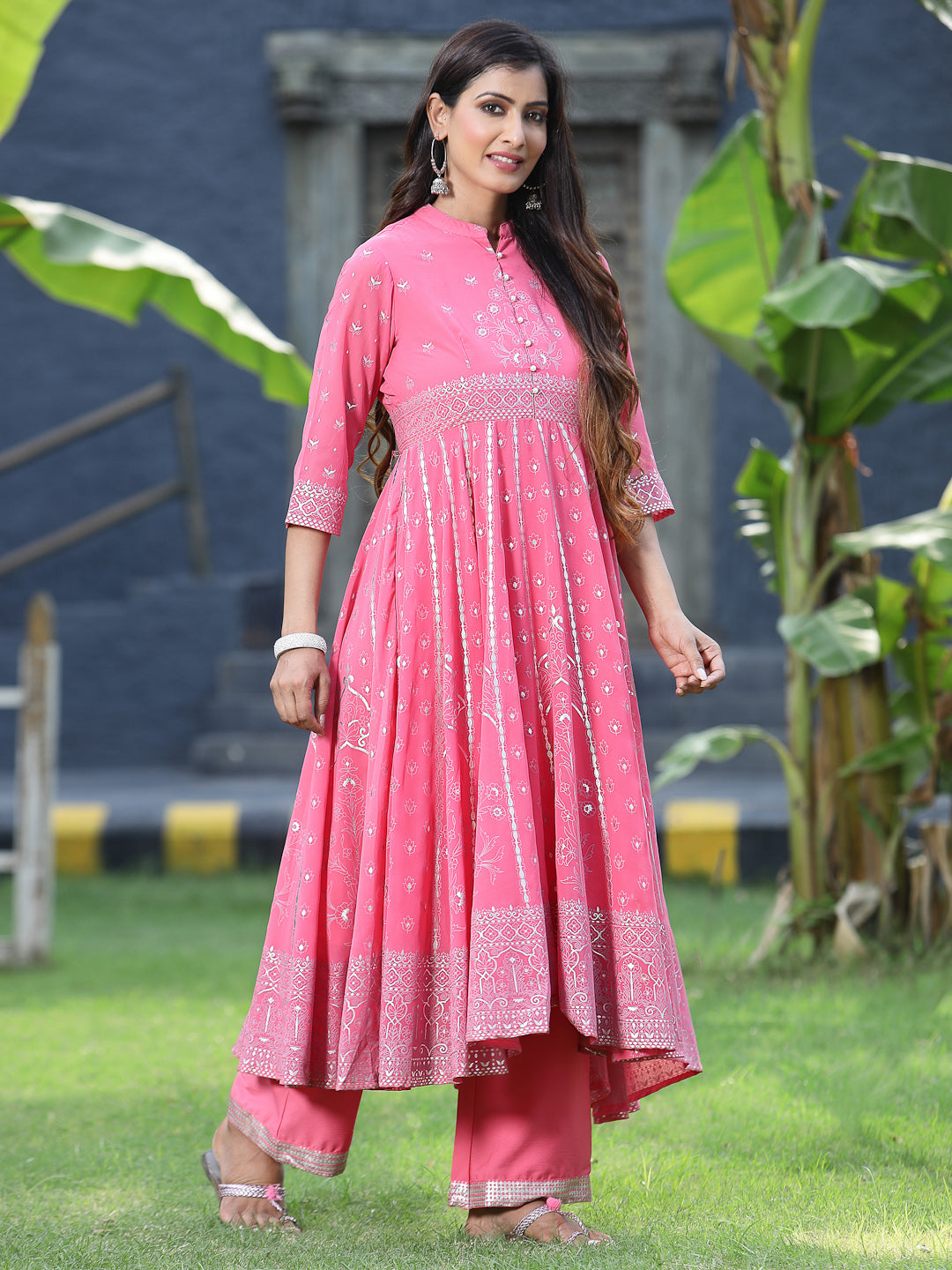 Juniper Womens Coral Georgette Foil Printed Circular Kurta Dress With Solid Palazzo Set
