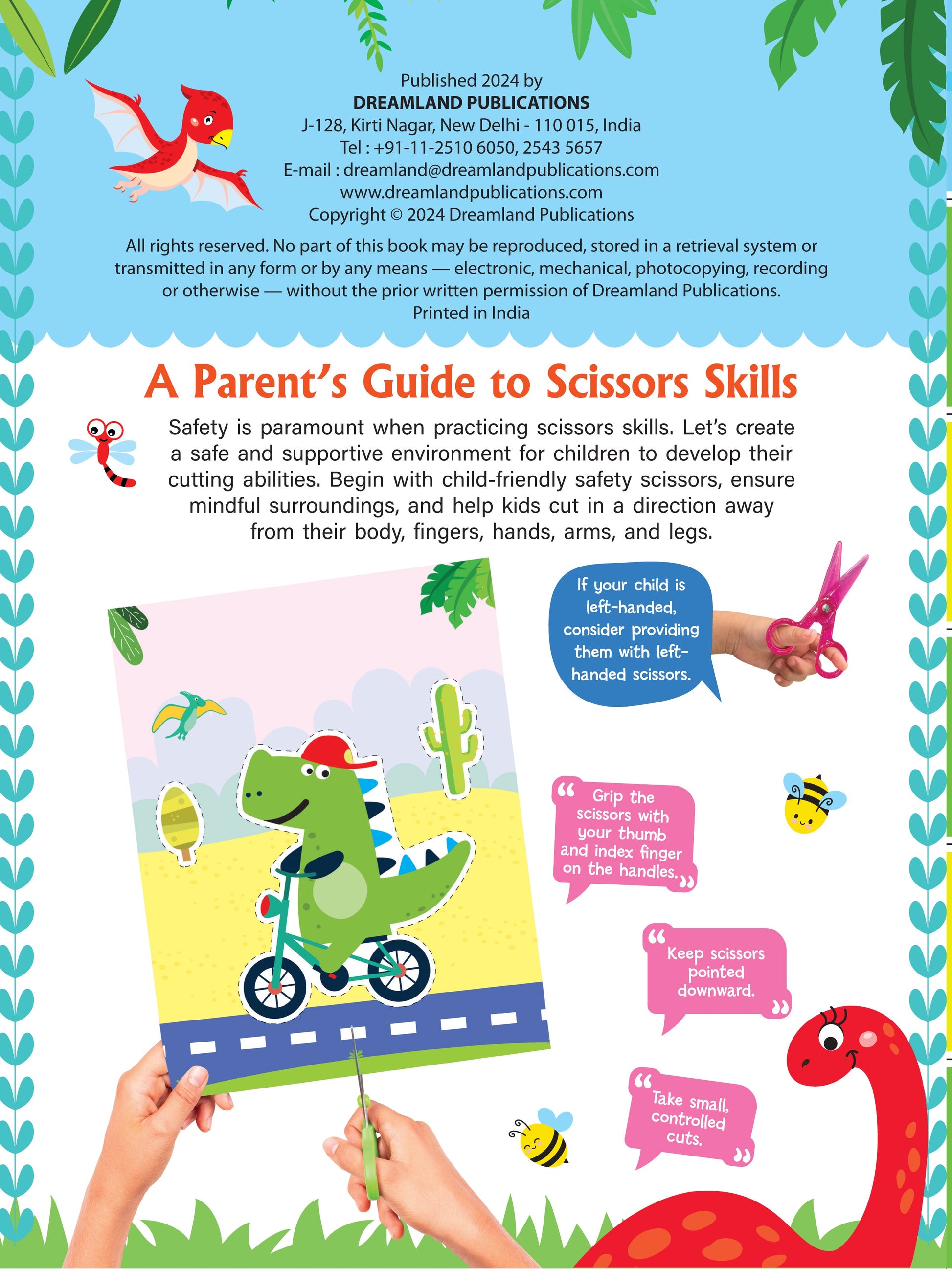 Dreamland Publications Daring Dino Scissors Skills Activity Book for Kids Age 4 - 7 years | With Child- Safe Scissors, Games and Mask