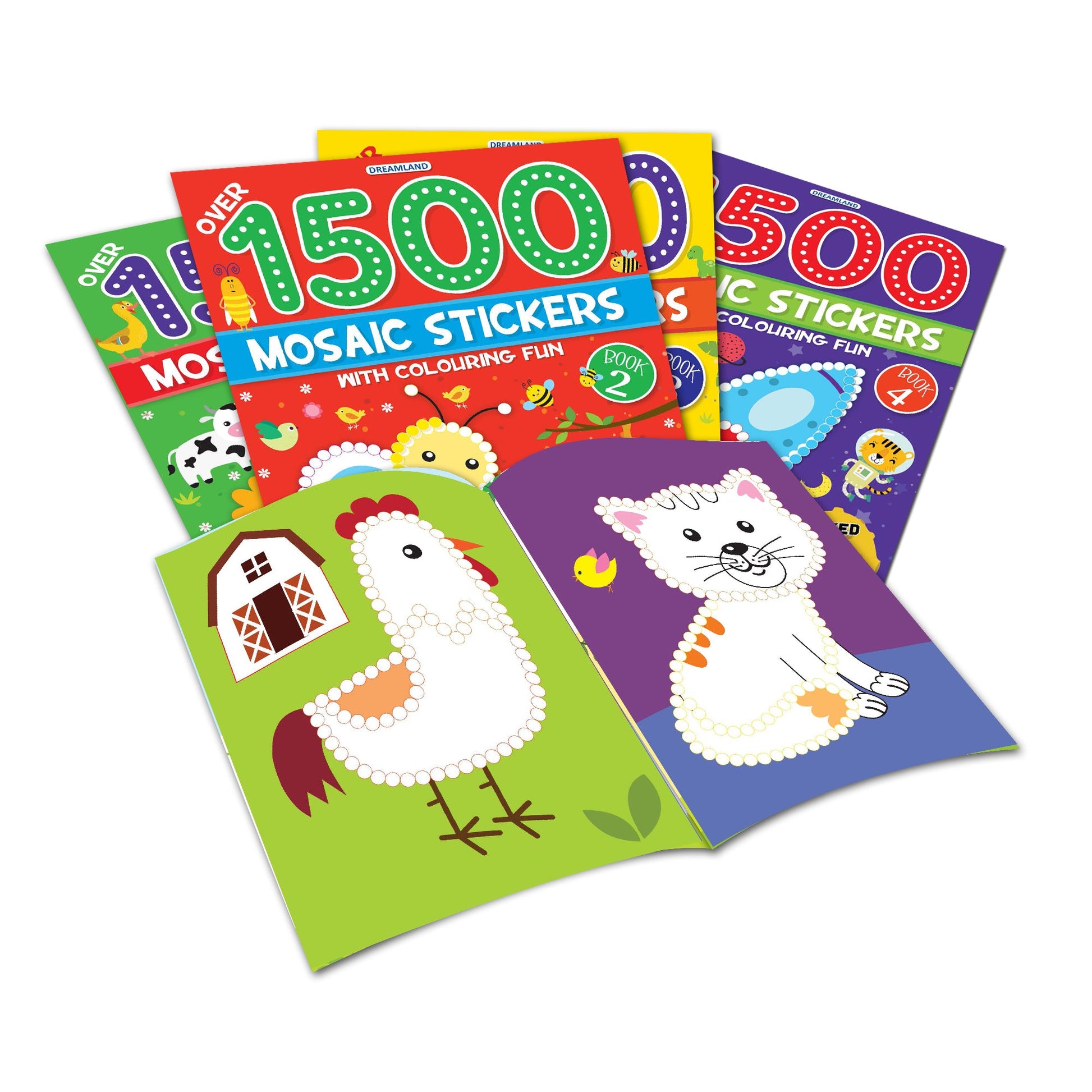 Dreamland Publications 1500 Mosaic Stickers with Colouring Fun Books Pack - A Set of 4 Books
