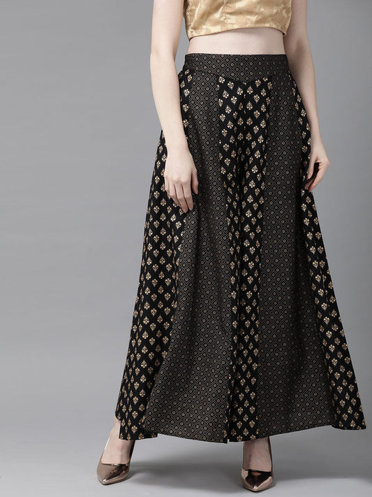 Juniper Women Black Rayon Printed Flared Palazzo 