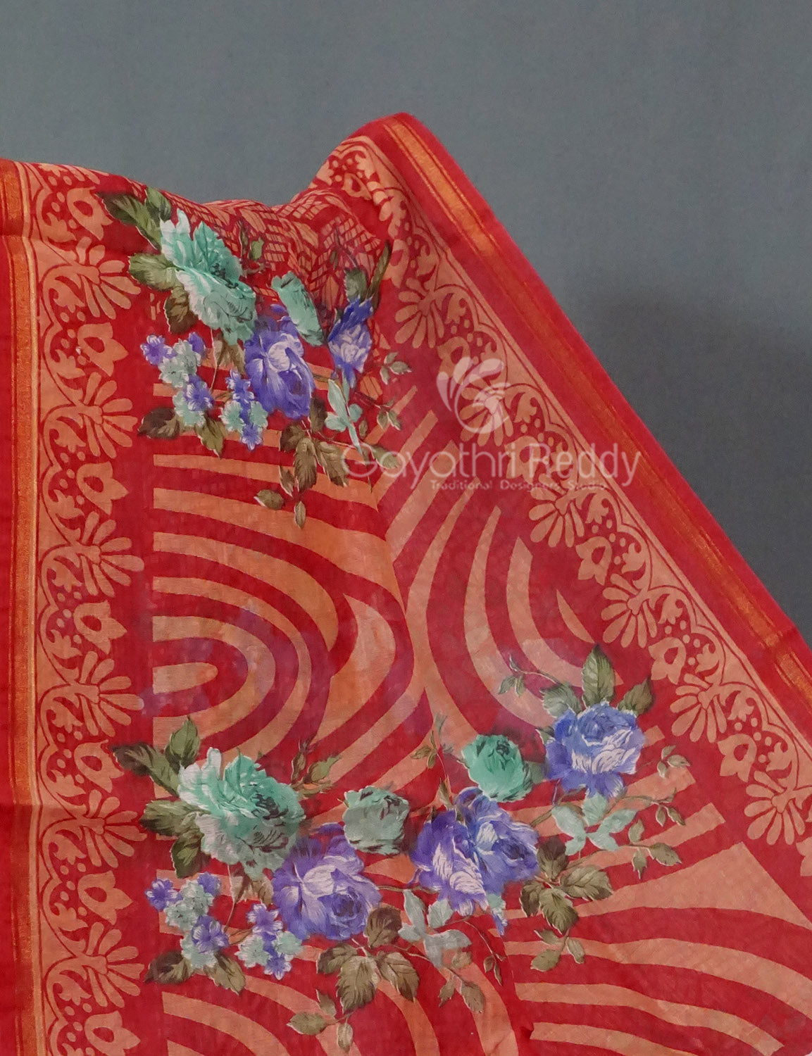 Shades of Tomato Mix Orange Colour Floral Design Semi Chanderi Grab2Buy By Gayathri Reddy Designer Studio 