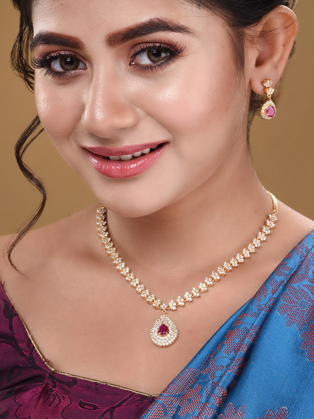 Saraf RS Jewellery Gold-Plated White & Red American Diamond Studded & Beaded Handcrafted Jewellery Set - Grab2buy