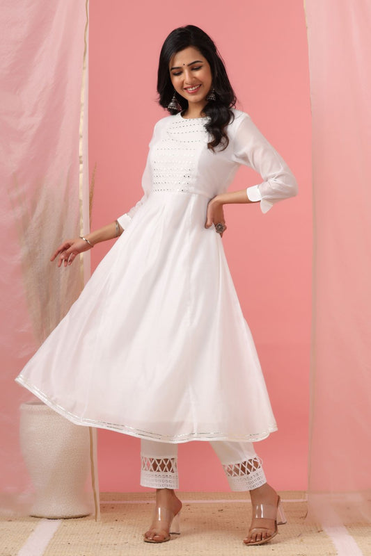 Juniper Womens White Cotton Chanderi Embellished A-Line Kurta - Grab2buy