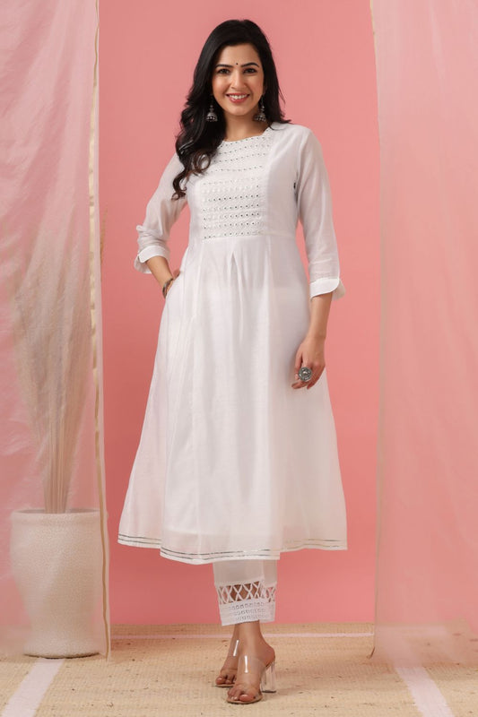 Juniper Womens White Cotton Chanderi Embellished A-Line Kurta - Grab2buy