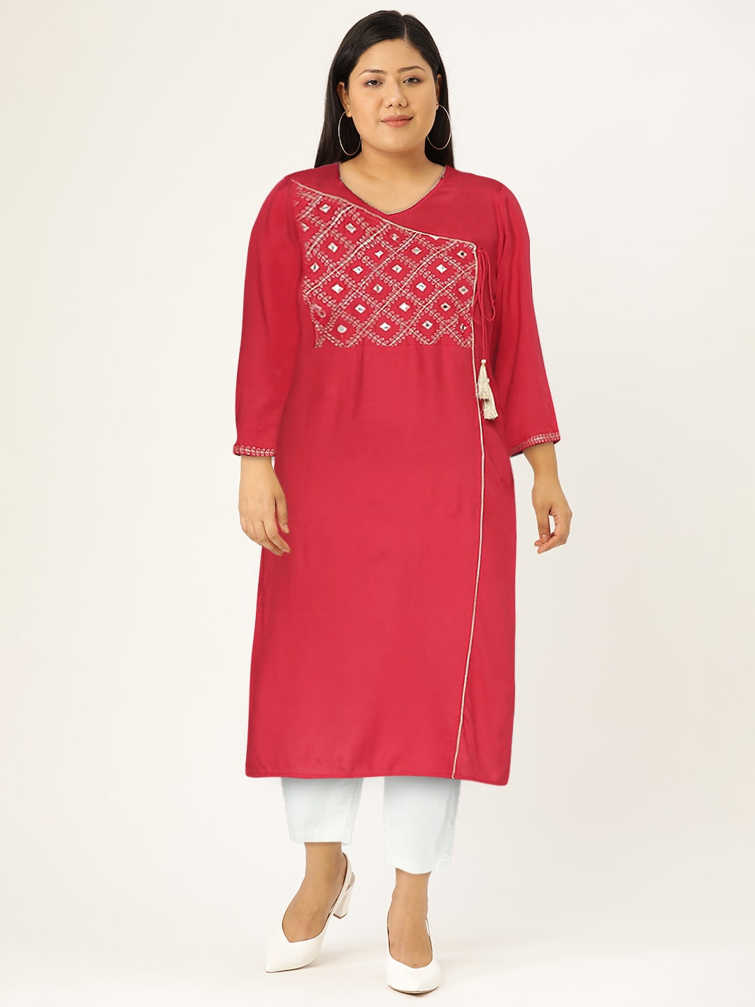 HERE&NOW Women Pure Cotton Ethnic Motifs Mirror Work Angrakha Kurta