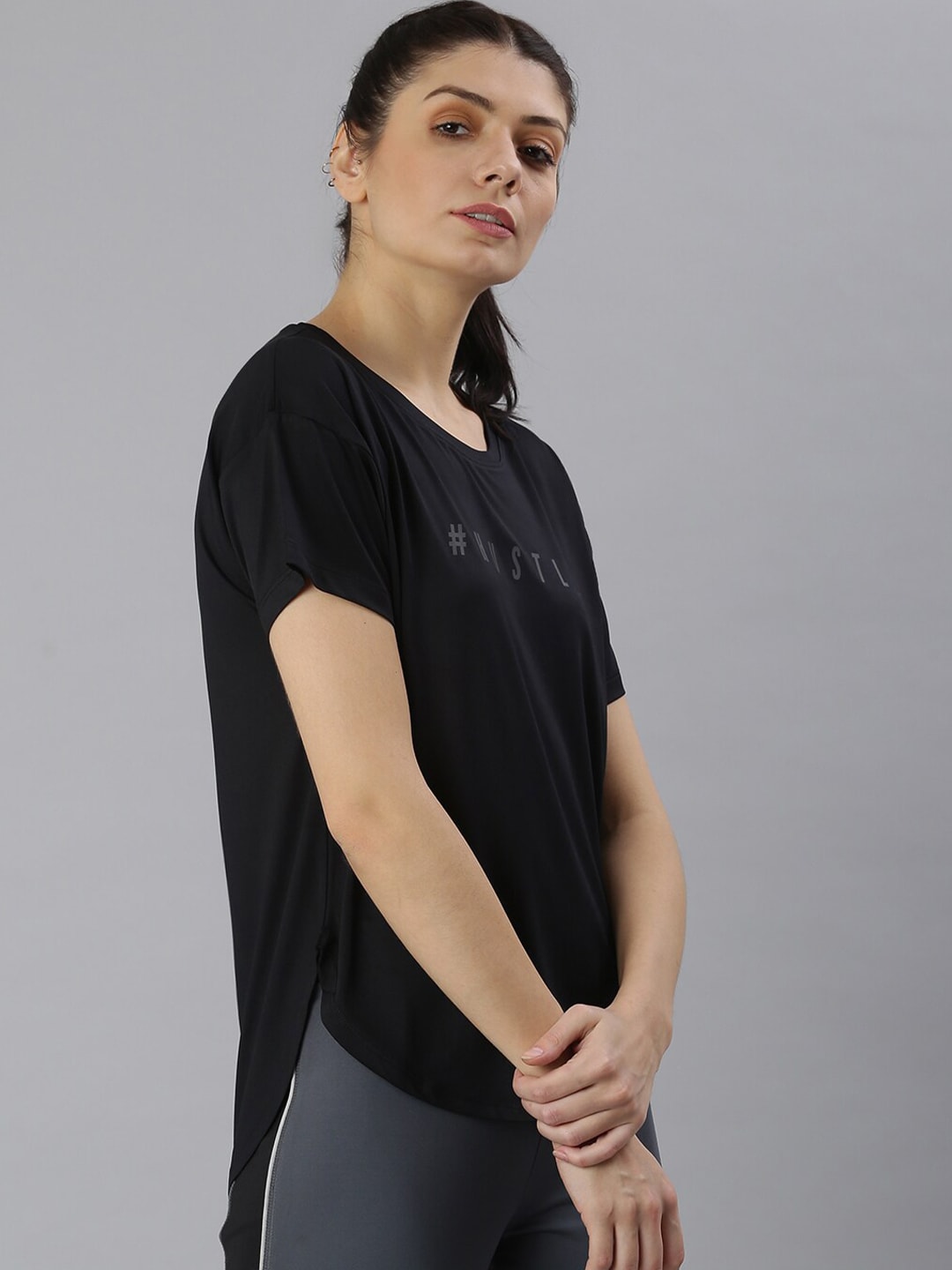 MKH Women Black Typography Printed Dri-FIT Sports T-shirt 