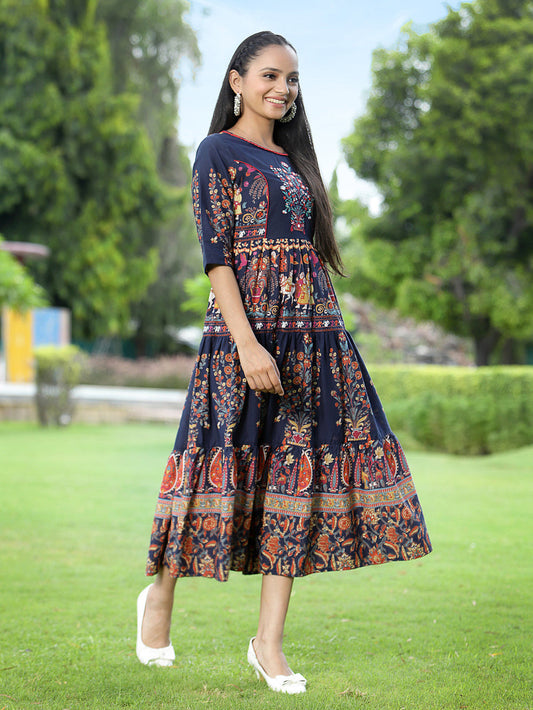 Juniper Women's Indigo Cambric Printed Tiered Dress