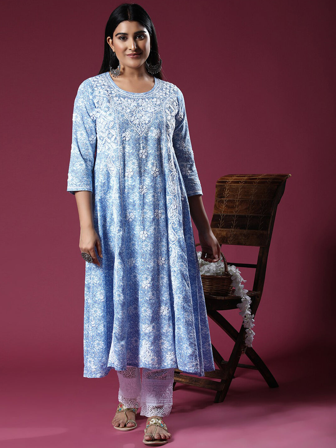 HOUSE OF KARI Floral Embroidered Chikankari Cotton Anarkali Kurta 