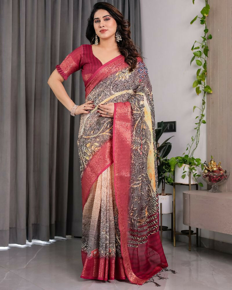 PR Fashion Wine Pure Handloom Linen Saree