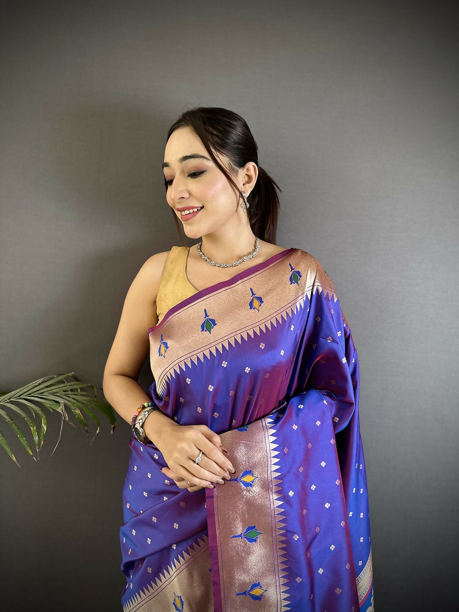 Joban Fashion Purple Peacock & Floral Motifs Soft Lichi Silk Kanchipuram Saree
