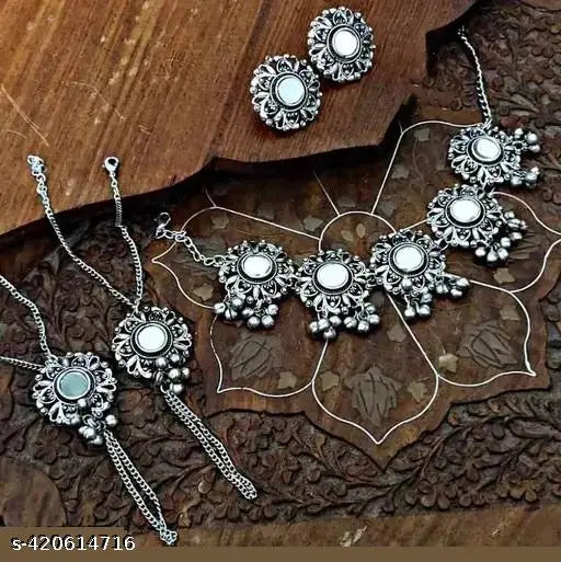 Tehzeeb Creations Women's Silver Plated Oxidised Necklace Set With Bracelet Tehzeeb Creations