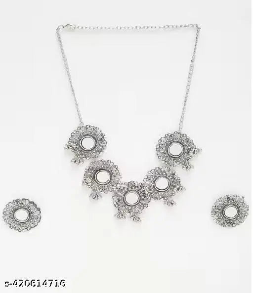 Tehzeeb Creations Women's Silver Plated Oxidised Necklace Set With Bracelet Tehzeeb Creations