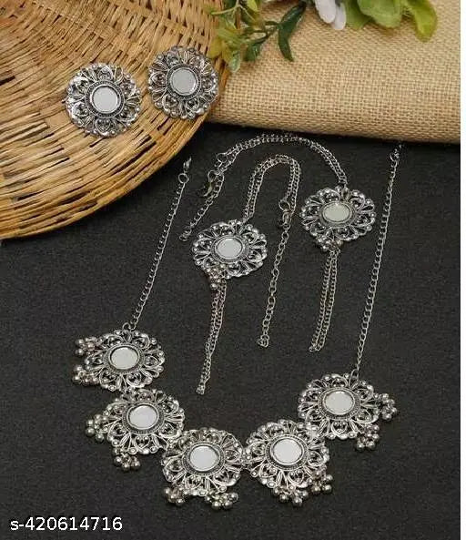Tehzeeb Creations Women's Silver Plated Oxidised Necklace Set With Bracelet Tehzeeb Creations