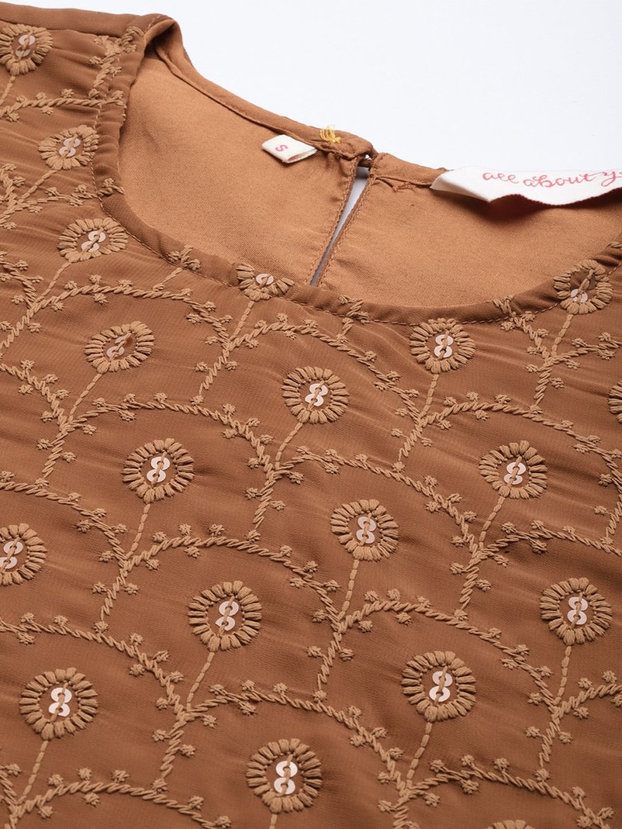 All About You Women Brown Ethnic Motifs Embroidered Chikankari Kurta with Palazzos 