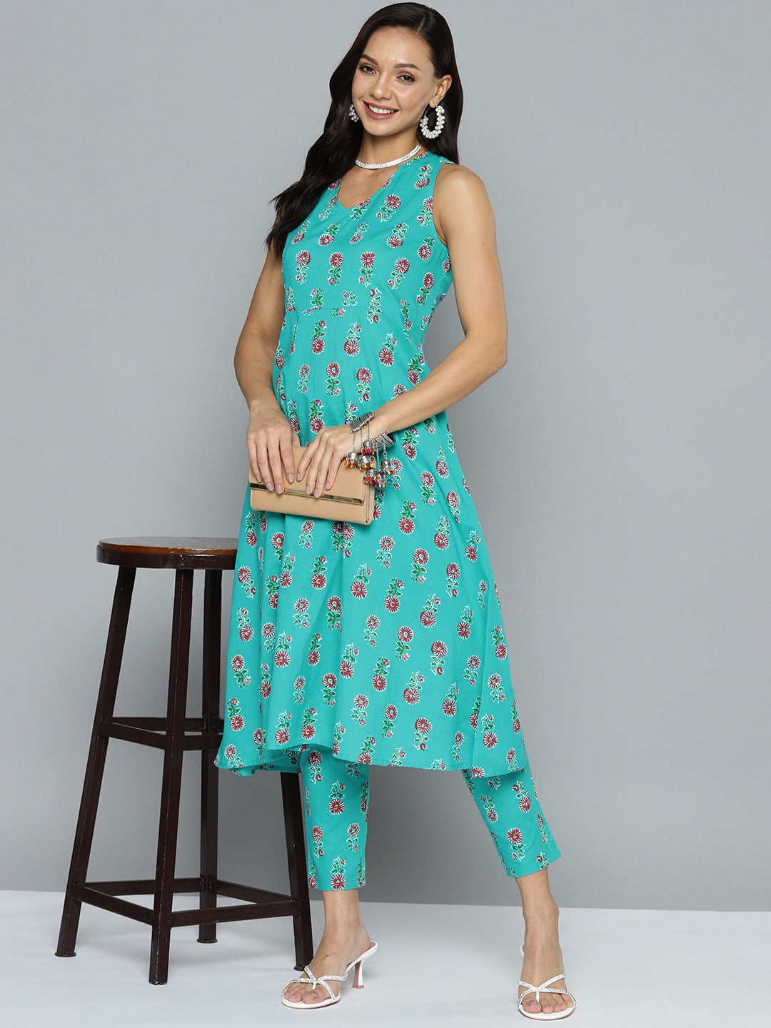 HERE&NOW Floral Printed Pure Cotton Kurta with Trousers