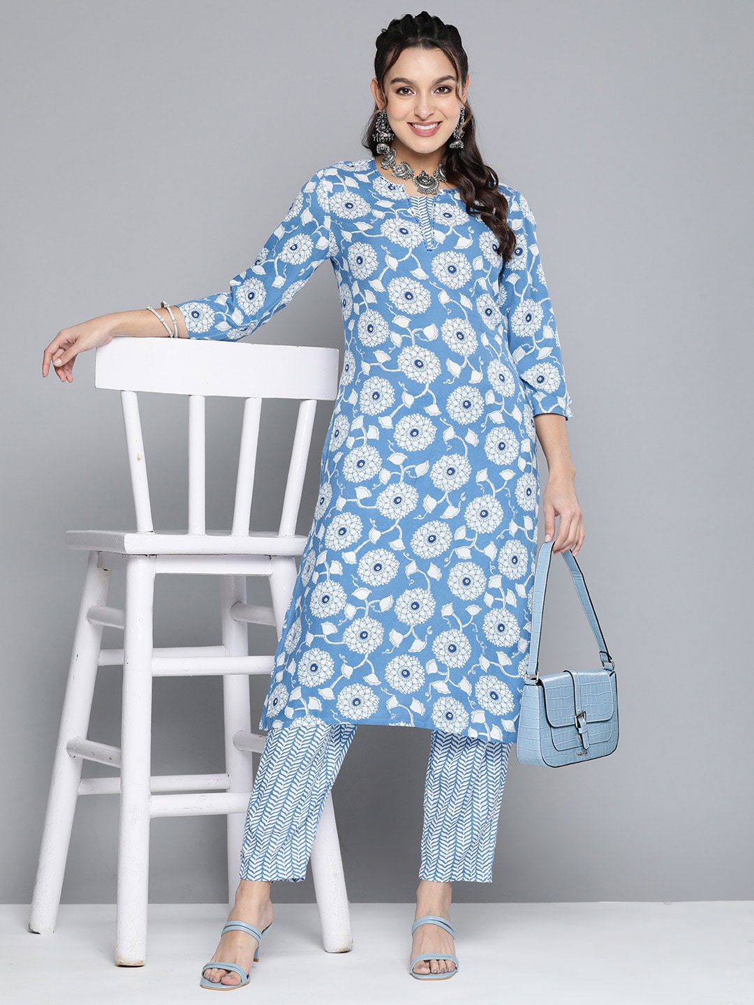 HERE&NOW Women Ethnic Motifs Printed Kantha Work Kurta With Trousers