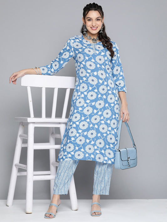 HERE&NOW Women Ethnic Motifs Printed Kantha Work Kurta With Trousers