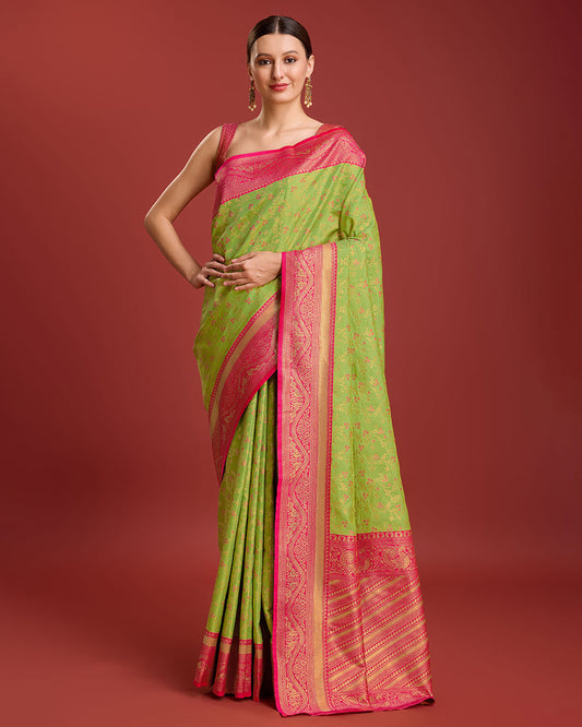 Monjolika Fashion Glamour And Tradition With This Parrot Green Color Zari Woven Banarasi Tissue Silk Saree