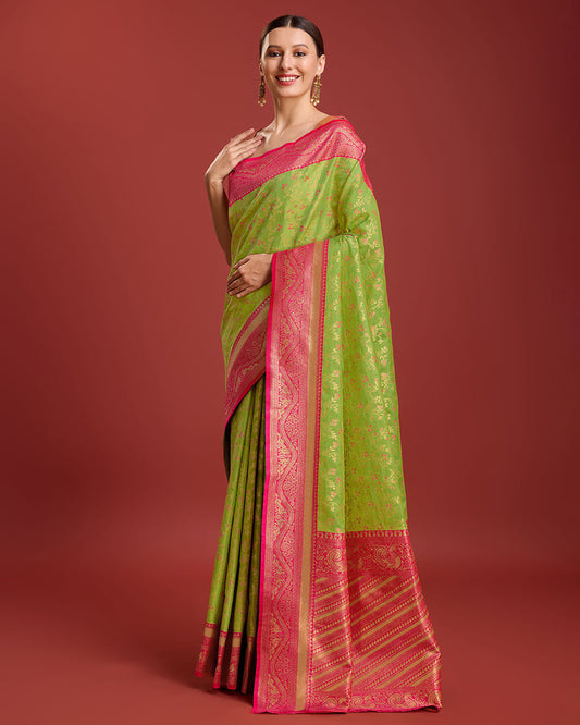 Monjolika Fashion Glamour And Tradition With This Parrot Green Color Zari Woven Banarasi Tissue Silk Saree