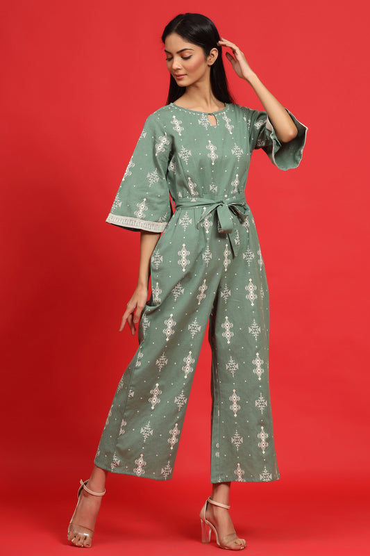 Juniper Sage Green Geometric Printed Cotton Flex Jumpsuit With Zip Closure