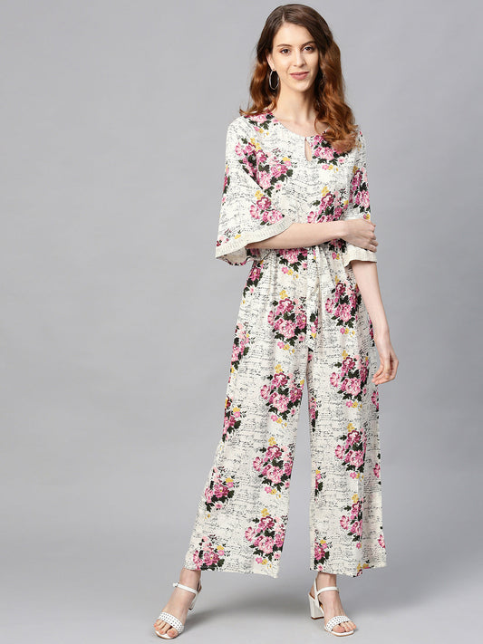 Juniper Women Offwhite Rayon Slub Printed Regular Jumpsuit 